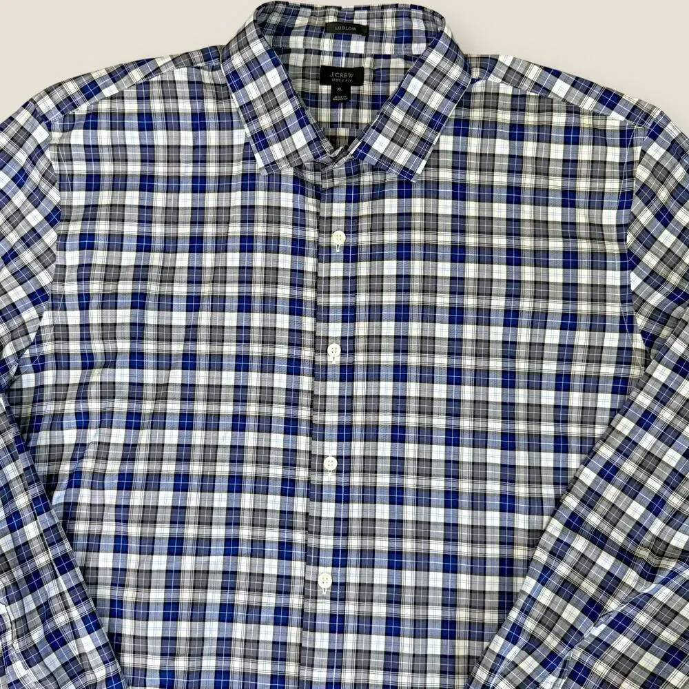 J. Crew Ludlow Plaid Long Sleeve Button Up Shirt Men Size XL 2 Ply Cotton Blue